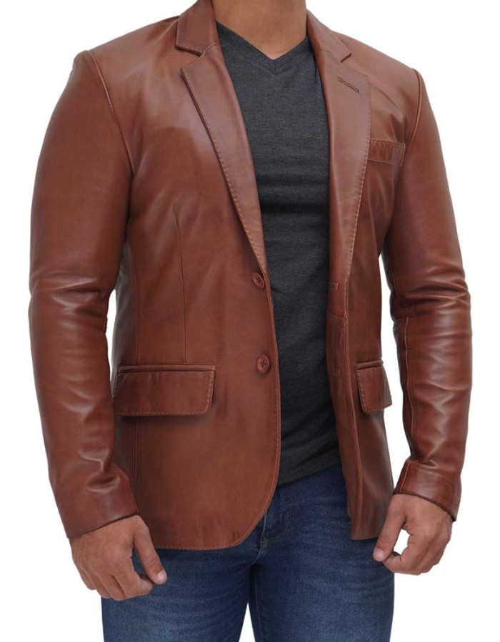 Men's Two Button Tan Brown Leather Blazer Men's Two Button Tan Brown Leather Blazer