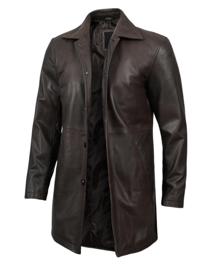 Men's Vintage Dark Brown Leather Car Coat