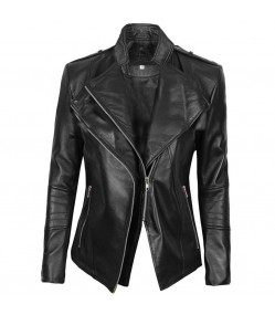 Monica Womens Black Asymmetrical Slim-Fit Leather Moto Jacket