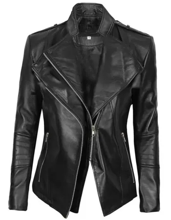 Monica Womens Black Asymmetrical Slim-Fit Leather Moto Jacket