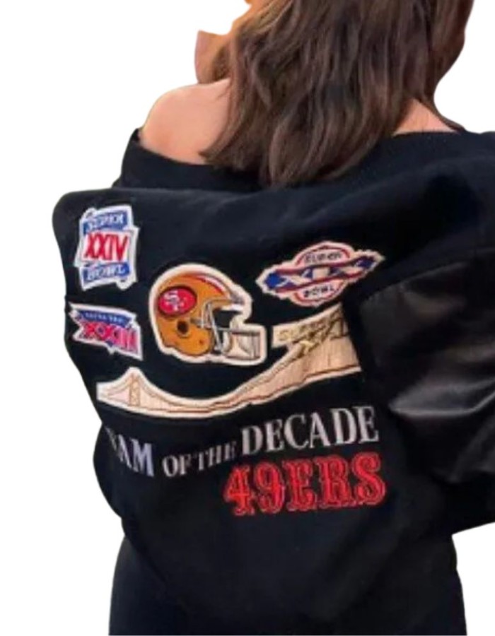 Olivia Culpo San Francisco 49ers Black Bomber Jacket Olivia Culpo San Francisco 49ers Black Bomber Jacket