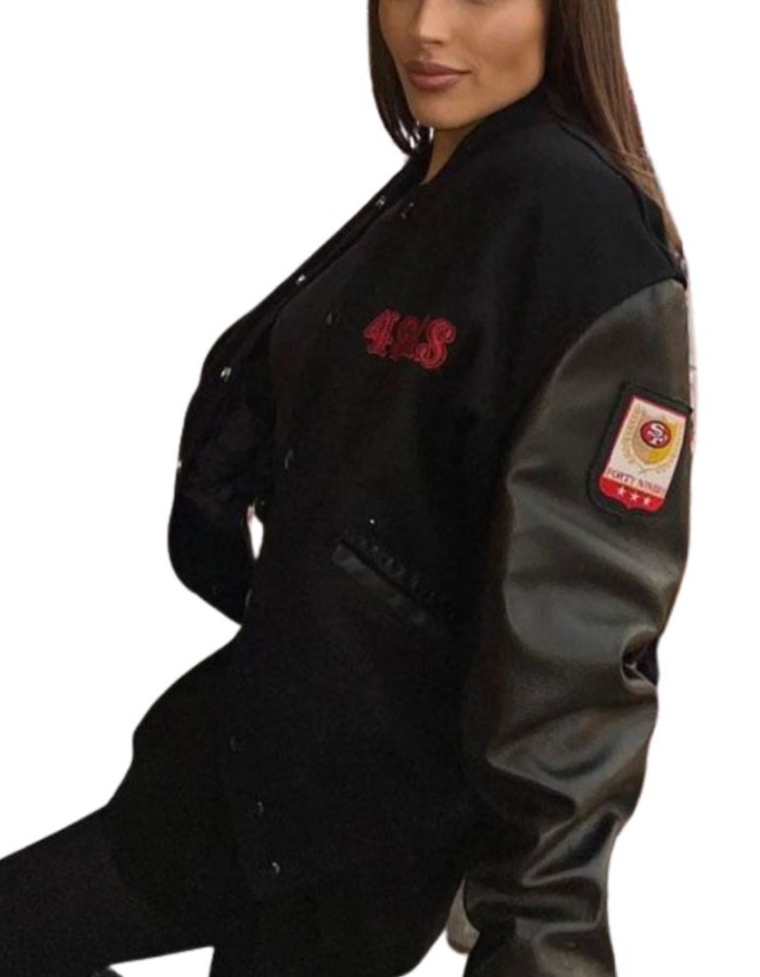 Olivia Culpo San Francisco 49ers Black Bomber Jacket Olivia Culpo San Francisco 49ers Black Bomber Jacket