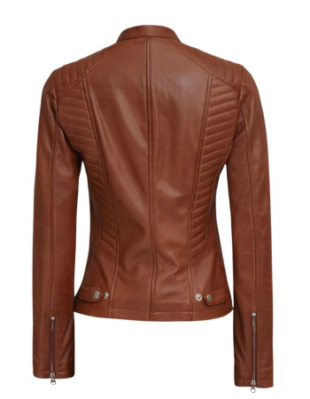 Rachel Women's Petite Tan Rib Padded Leather Biker Jacket