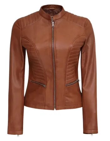 Rachel Women's Petite Tan Rib Padded Leather Biker Jacket