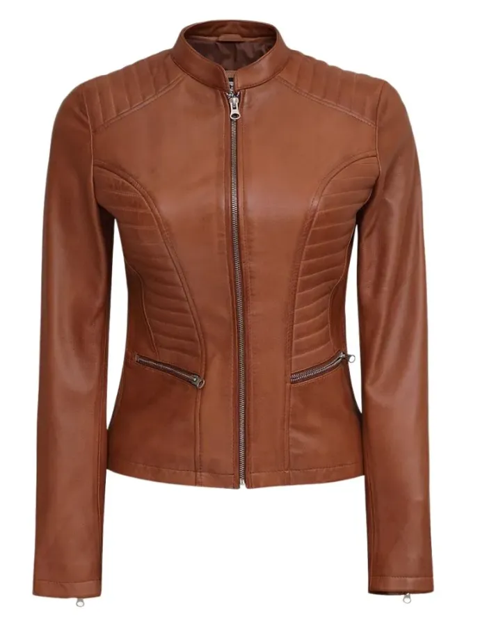 Rachel Women's Petite Tan Rib Padded Leather Biker Jacket Rachel Women's Petite Tan Rib Padded Leather Biker Jacket