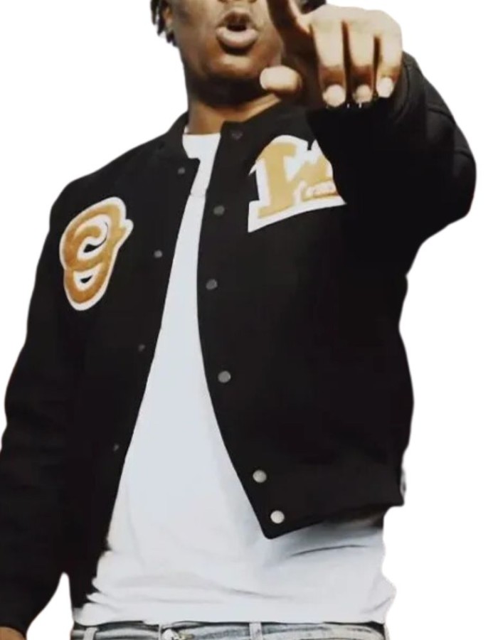 Rapper Fredo Bang 4’s up Varsity Black Bomber Jacket