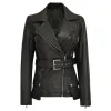 Victoria Women's Black Asymmetrical Belted Moto Leather Jacket