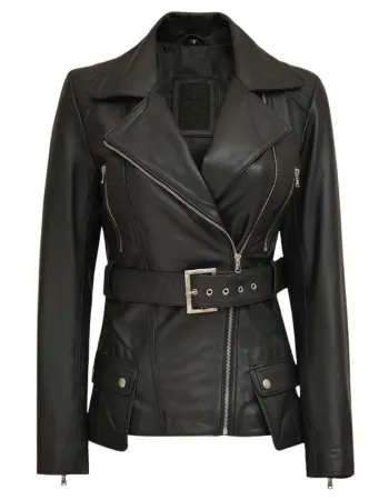 Victoria Women's Black Asymmetrical Belted Moto Leather Jacket