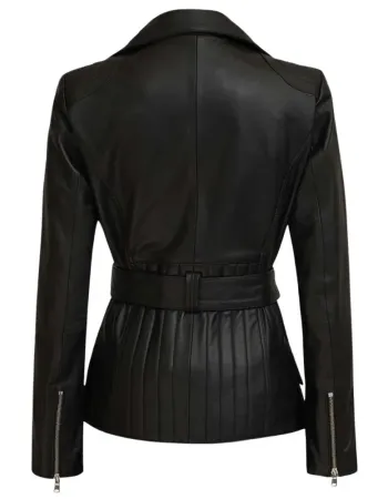 Victoria Women's Black Asymmetrical Belted Moto Leather Jacket