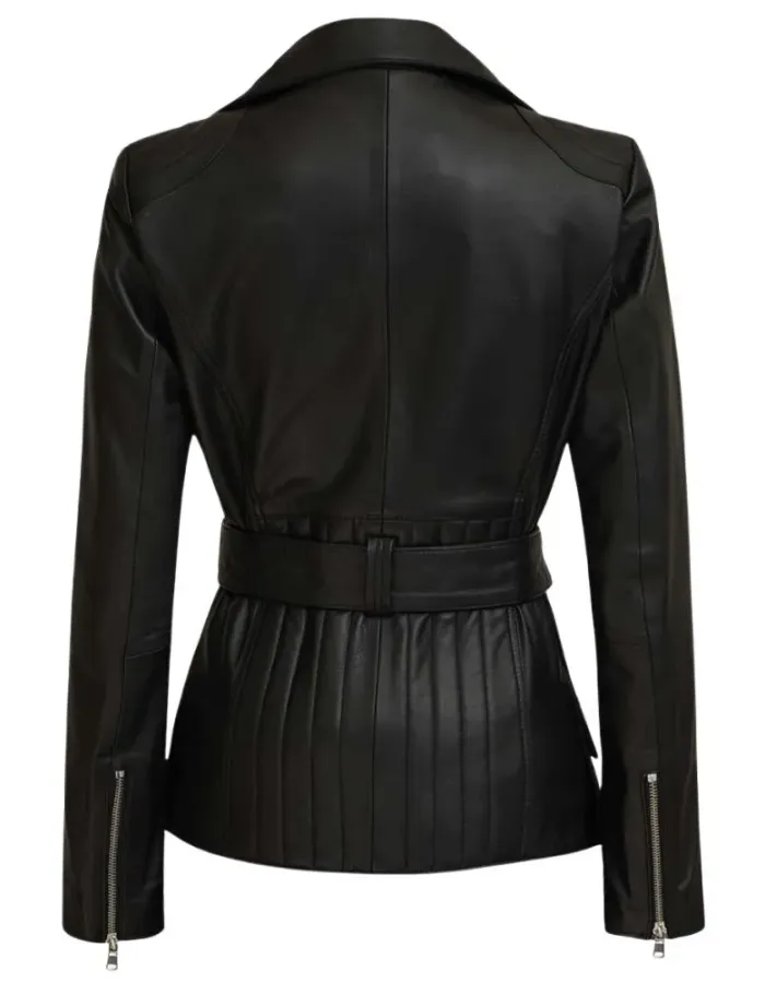 Victoria Women's Black Asymmetrical Belted Moto Leather Jacket