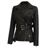 Victoria Women's Black Asymmetrical Belted Moto Leather Jacket