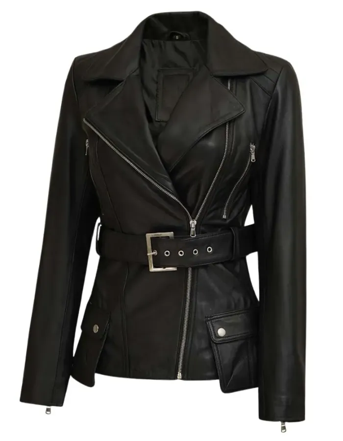 Victoria Women's Black Asymmetrical Belted Moto Leather Jacket