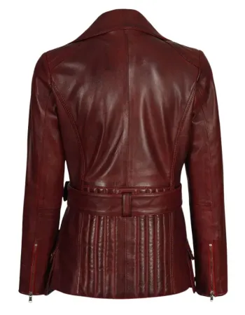 Womens Asymmetrical Maroon Belted Moto Leather Jacket