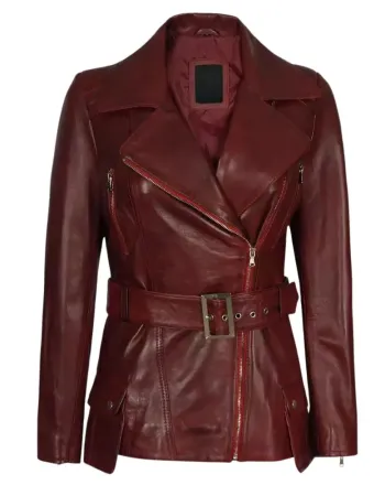 Womens Asymmetrical Maroon Belted Moto Leather Jacket