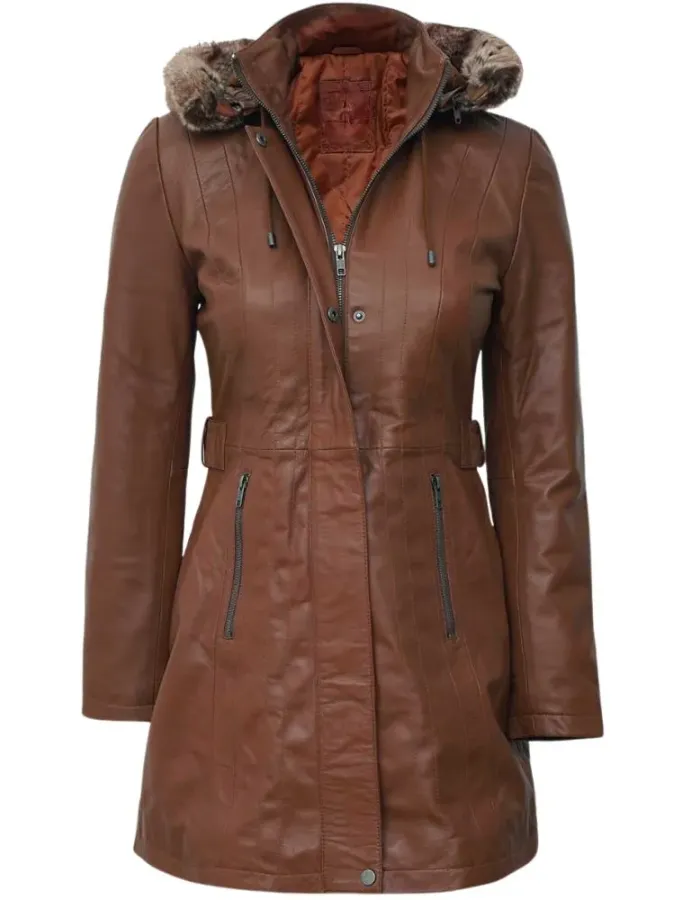 Women Brown Fur Hooded Leather Coat Women Brown Fur Hooded Leather Coat