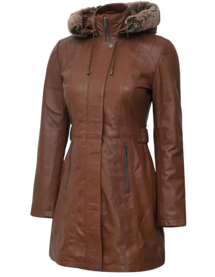 Women Brown Fur Hooded Leather Coat Women Brown Fur Hooded Leather Coat