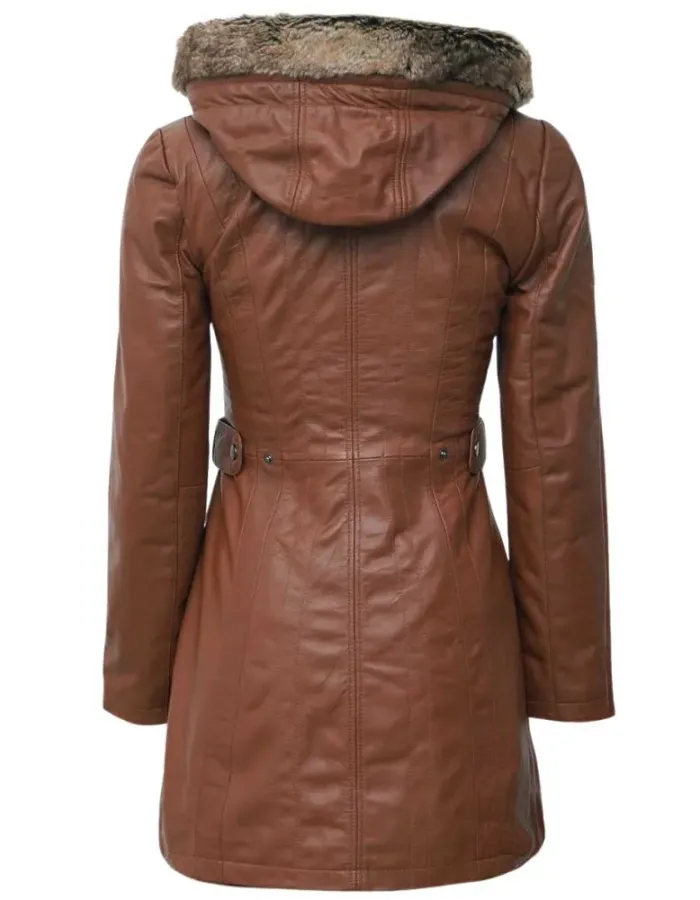 Women Brown Fur Hooded Leather Coat Women Brown Fur Hooded Leather Coat