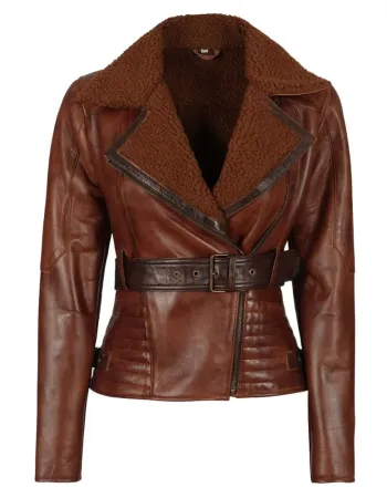 Womens Asymmetrical Brown Sherpa Shearling Leather Jacket