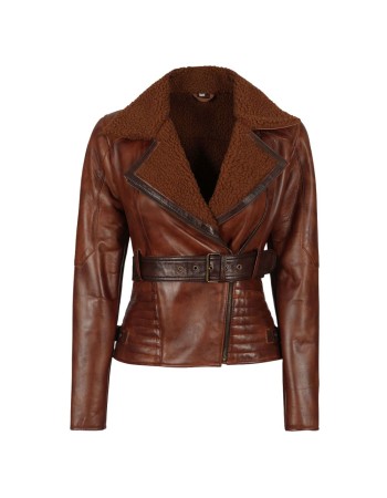 Womens Asymmetrical Brown Sherpa Shearling Leather Jacket