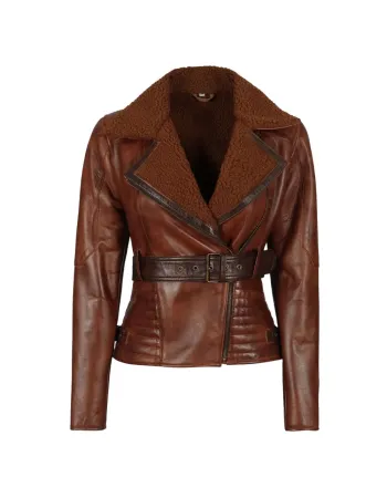Womens Asymmetrical Brown Sherpa Shearling Leather Jacket
