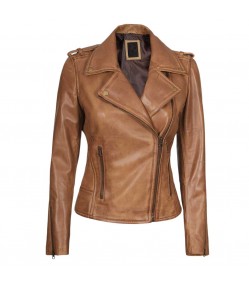 Women's Asymmetrical Leather Camel Brown Biker Jacket