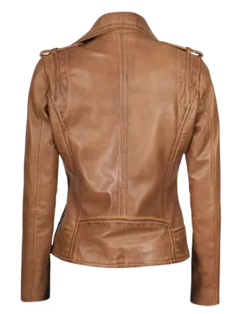 Women's Asymmetrical Leather Camel Brown Biker Jacket