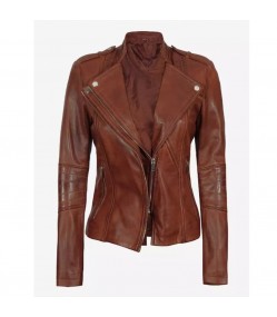 Women's Asymmetrical Cognac Biker Leather Jacket