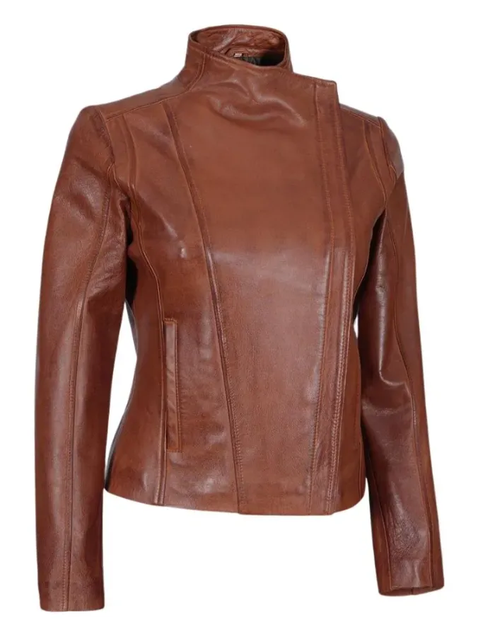 Women Cognac Brown Asymmetrical Leather Biker Jacket