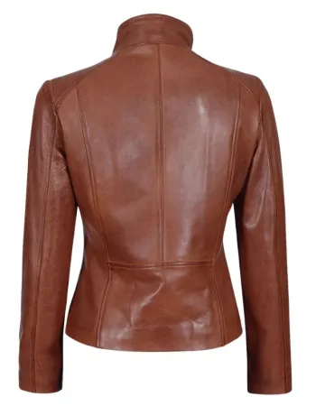 Women Cognac Brown Asymmetrical Leather Biker Jacket