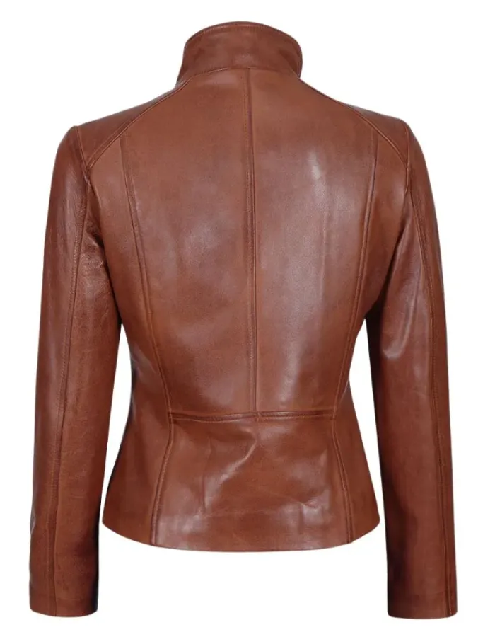 Women Cognac Brown Asymmetrical Leather Biker Jacket