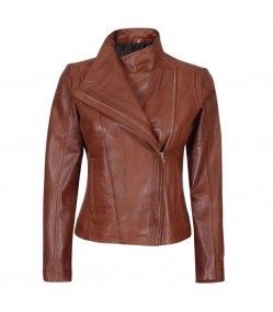 Women Cognac Brown Asymmetrical Leather Biker Jacket