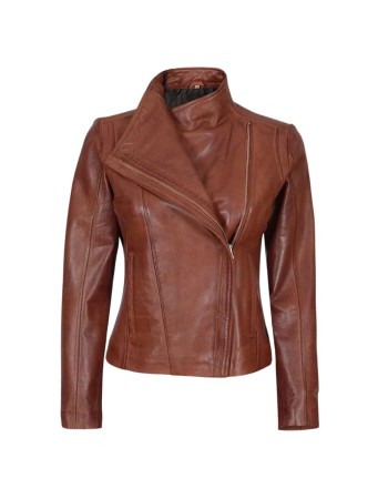 Women Cognac Brown Asymmetrical Leather Biker Jacket