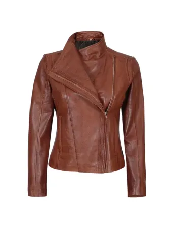 Women Cognac Brown Asymmetrical Leather Biker Jacket