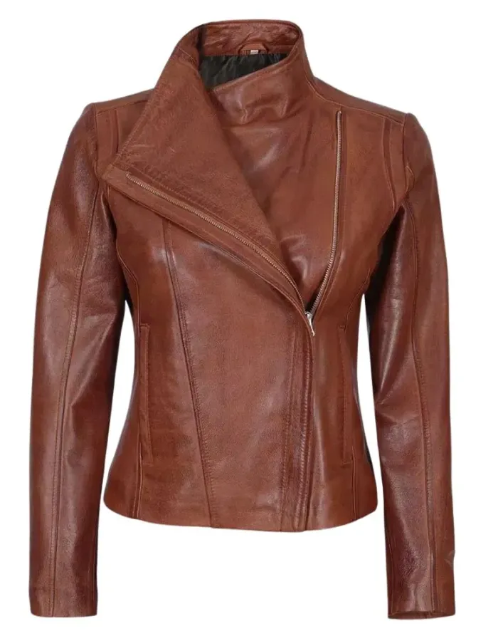 Women Cognac Brown Asymmetrical Leather Biker Jacket