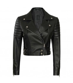Women's Asymmetrical Cropped Moto Black Leather Jacket