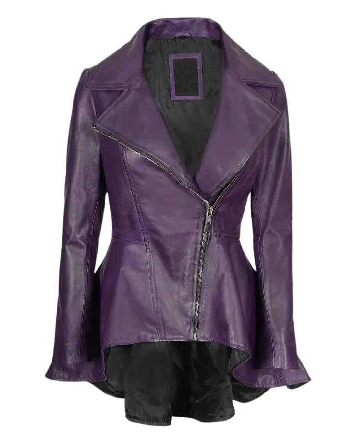 Womens Asymmetrical Purple Peplum Leather Jacket