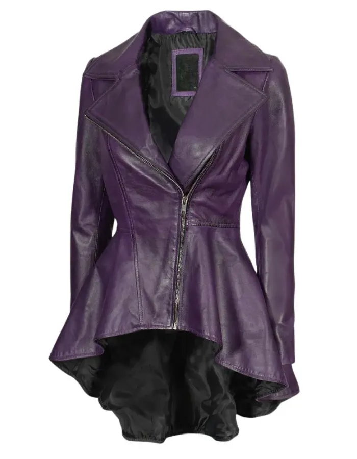 Womens Asymmetrical Purple Peplum Leather Jacket
