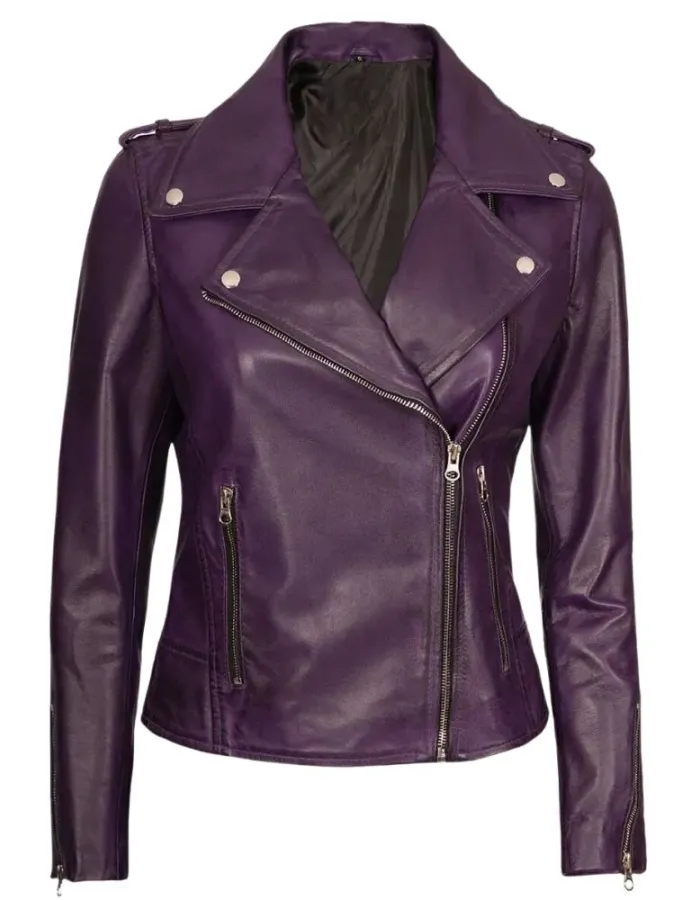 Women's Asymmetrical Purple Motorcycle Leather Jacket
