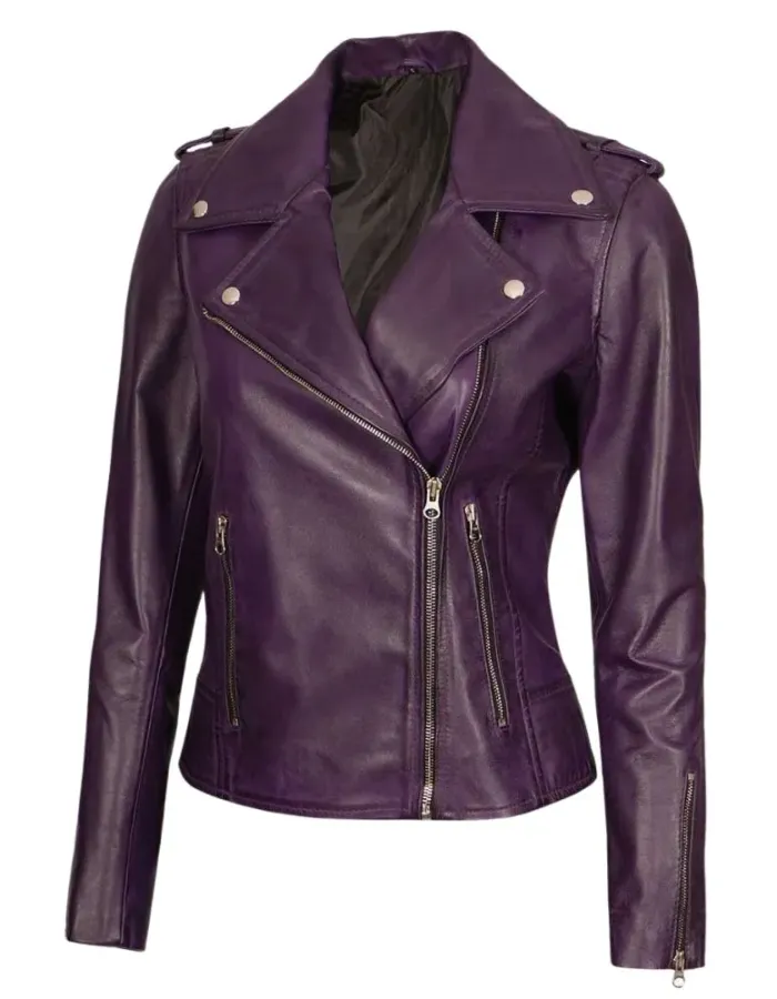 Women's Asymmetrical Purple Motorcycle Leather Jacket