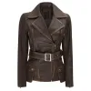 Womens Asymmetrical Rub Off Dark Brown Belted Leather Jacket