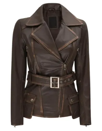 Womens Asymmetrical Rub Off Dark Brown Belted Leather Jacket