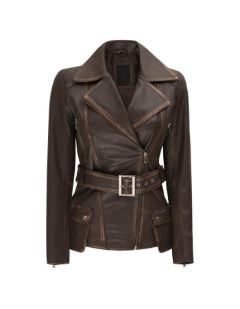 Womens Asymmetrical Rub Off Dark Brown Belted Leather Jacket