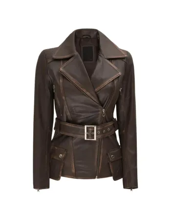 Womens Asymmetrical Rub Off Dark Brown Belted Leather Jacket