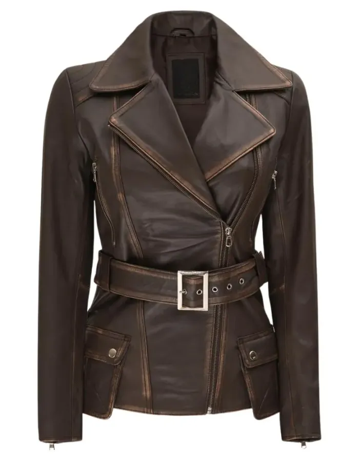 Womens Asymmetrical Rub Off Dark Brown Belted Leather Jacket