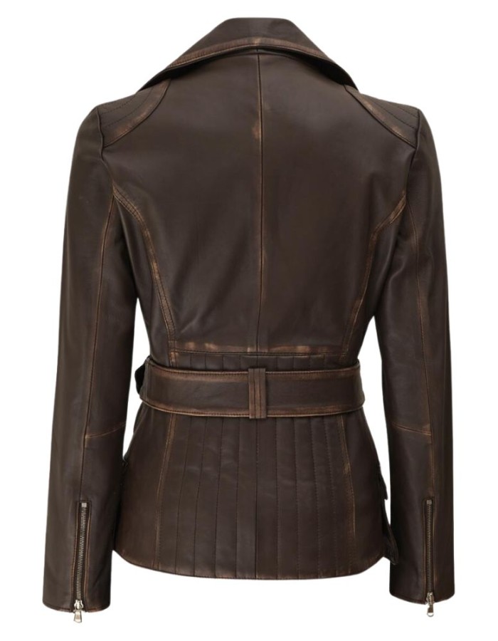 Womens Asymmetrical Rub Off Dark Brown Belted Leather Jacket