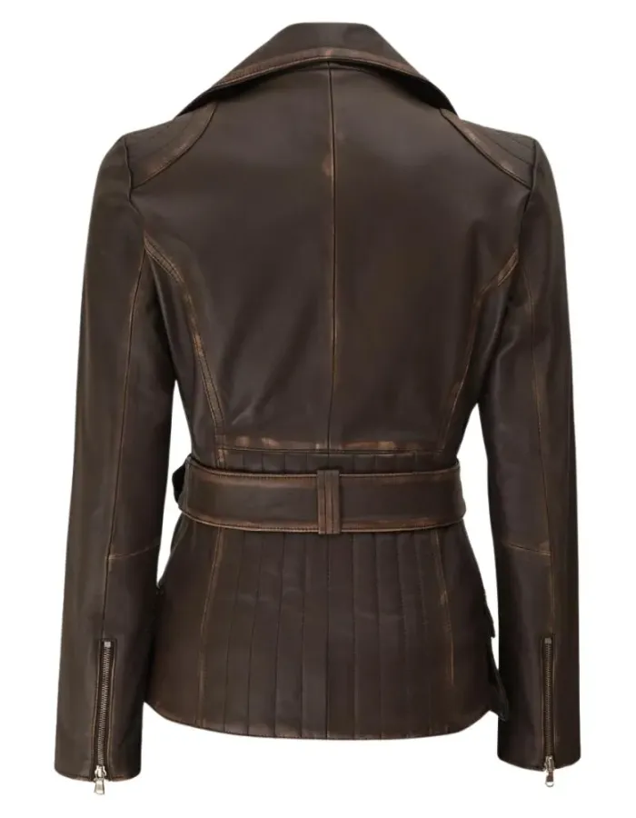 Womens Asymmetrical Rub Off Dark Brown Belted Leather Jacket
