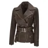 Womens Asymmetrical Rub Off Dark Brown Belted Leather Jacket