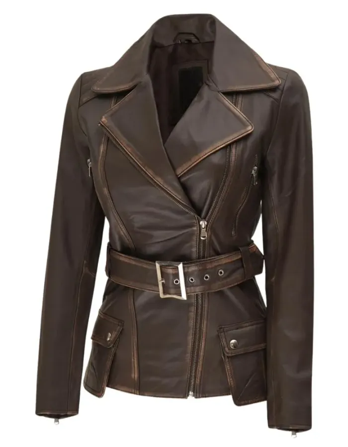 Womens Asymmetrical Rub Off Dark Brown Belted Leather Jacket