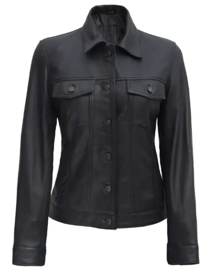 Women's Black Four-Pocket Leather Trucker Jacket Women's Black Four-Pocket Leather Trucker Jacket