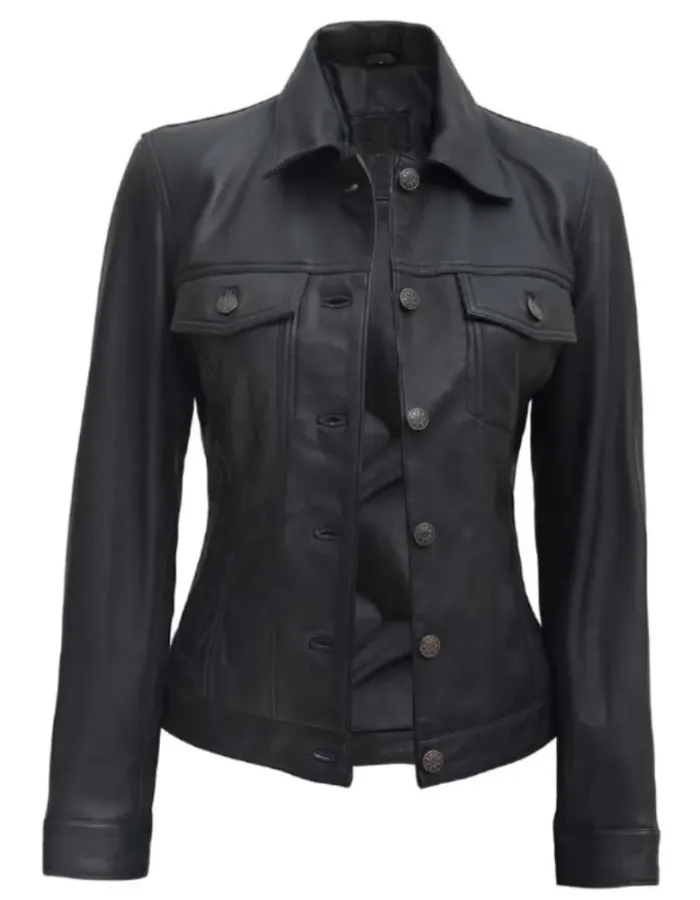 Women's Black Four-Pocket Leather Trucker Jacket Women's Black Four-Pocket Leather Trucker Jacket